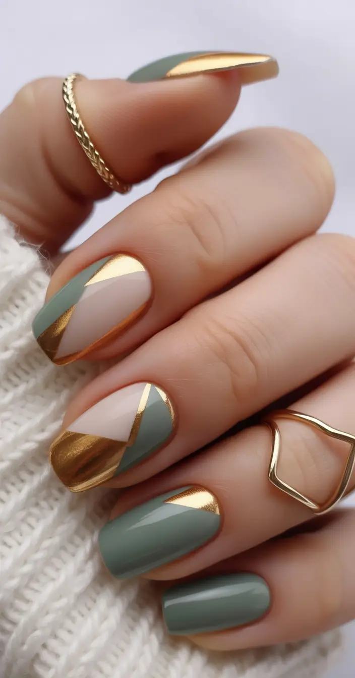 Olive green fall nails Gold-Trimmed Olive Geometry