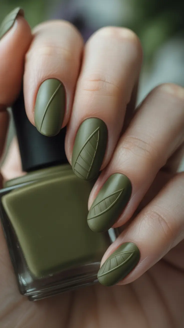 Olive green fall nails Matte Olive With Leaf Carving
