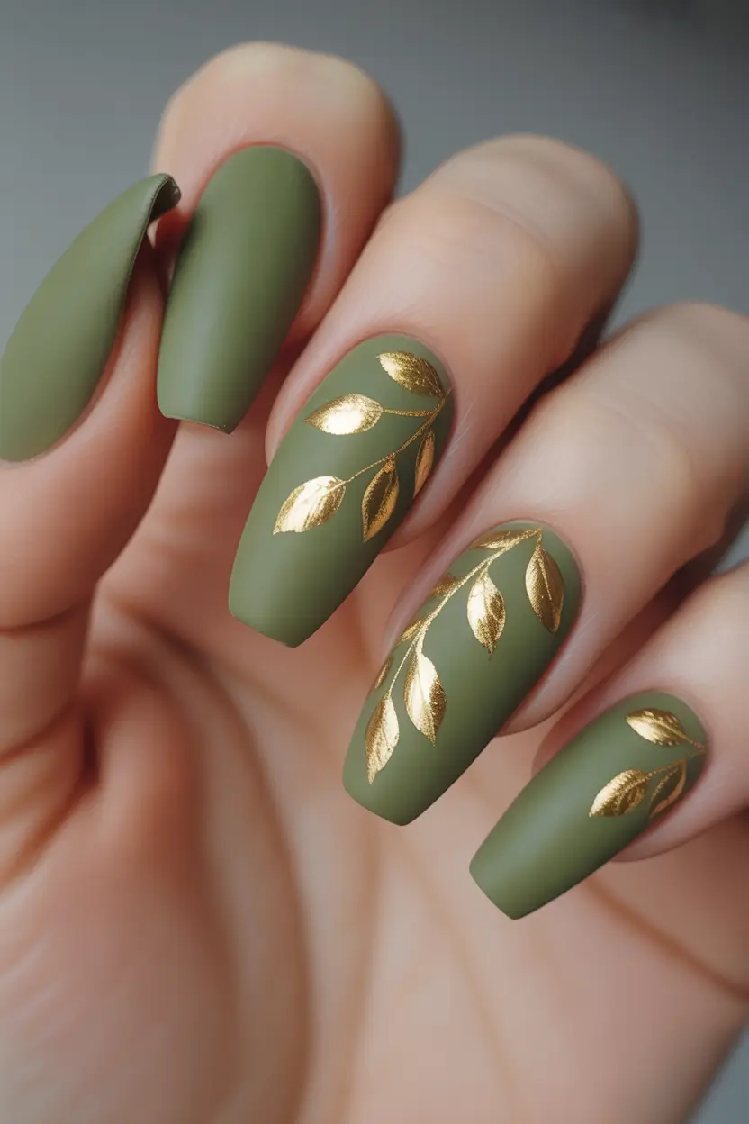 Olive green fall nails Olive Matte With Golden Leaves
