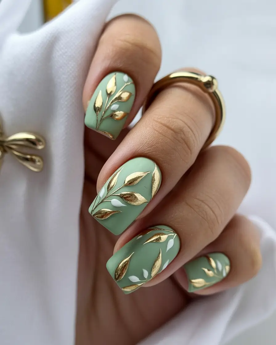 Olive green fall nails Minty Olive With Golden Leaves