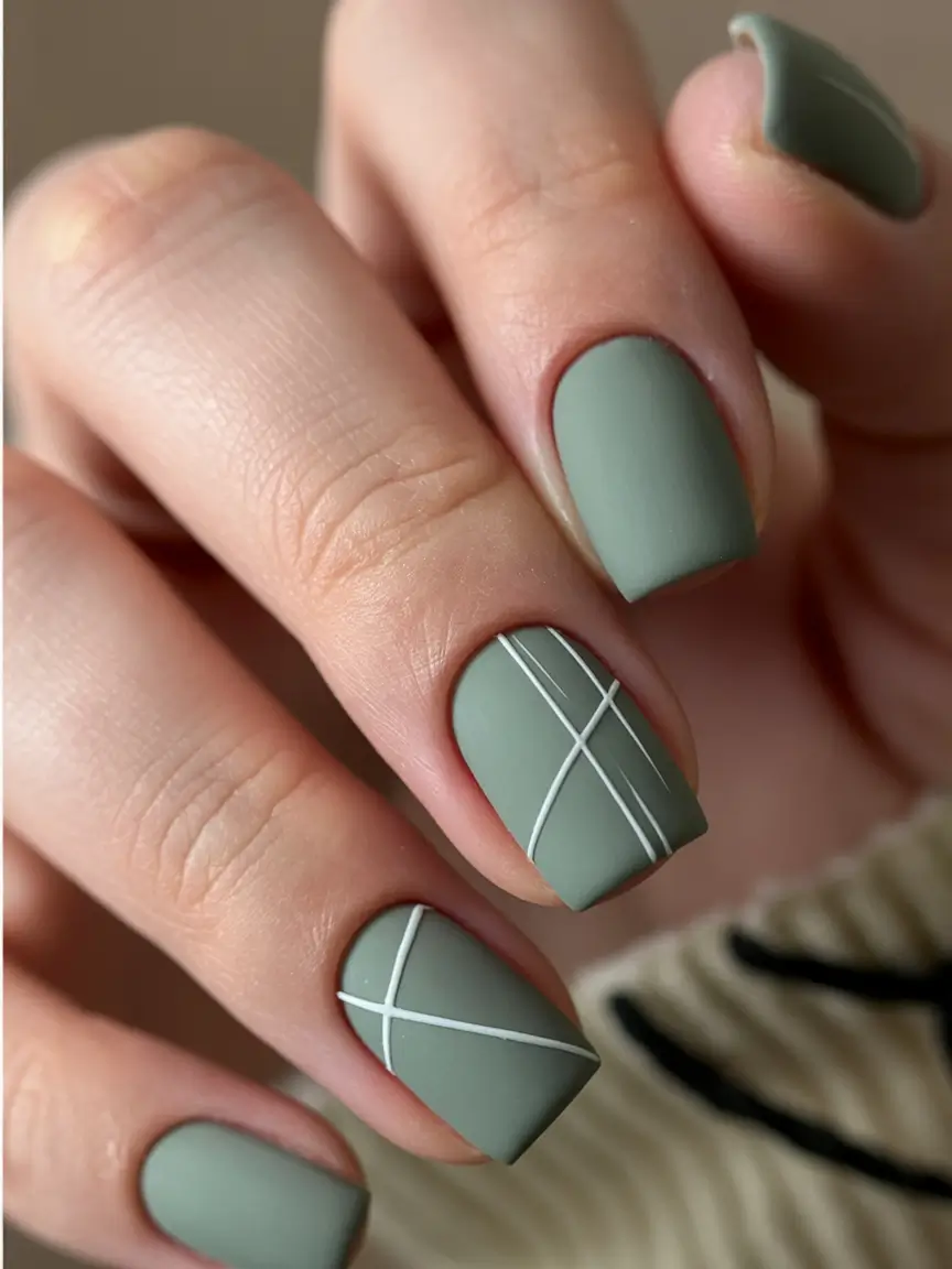 Olive green fall nails Minimalist Olive With White Lines