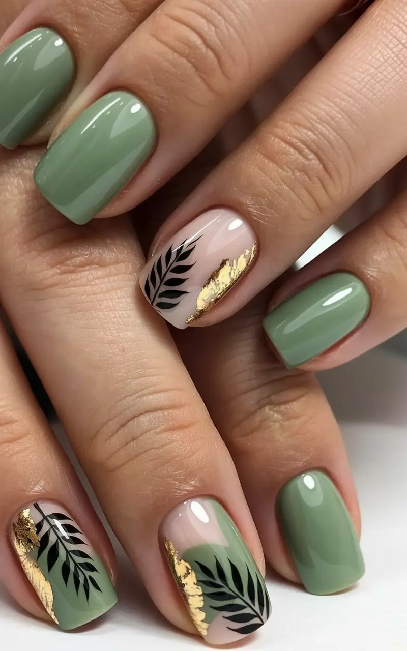 Olive green fall nails Olive Green With Black Leaf Accents