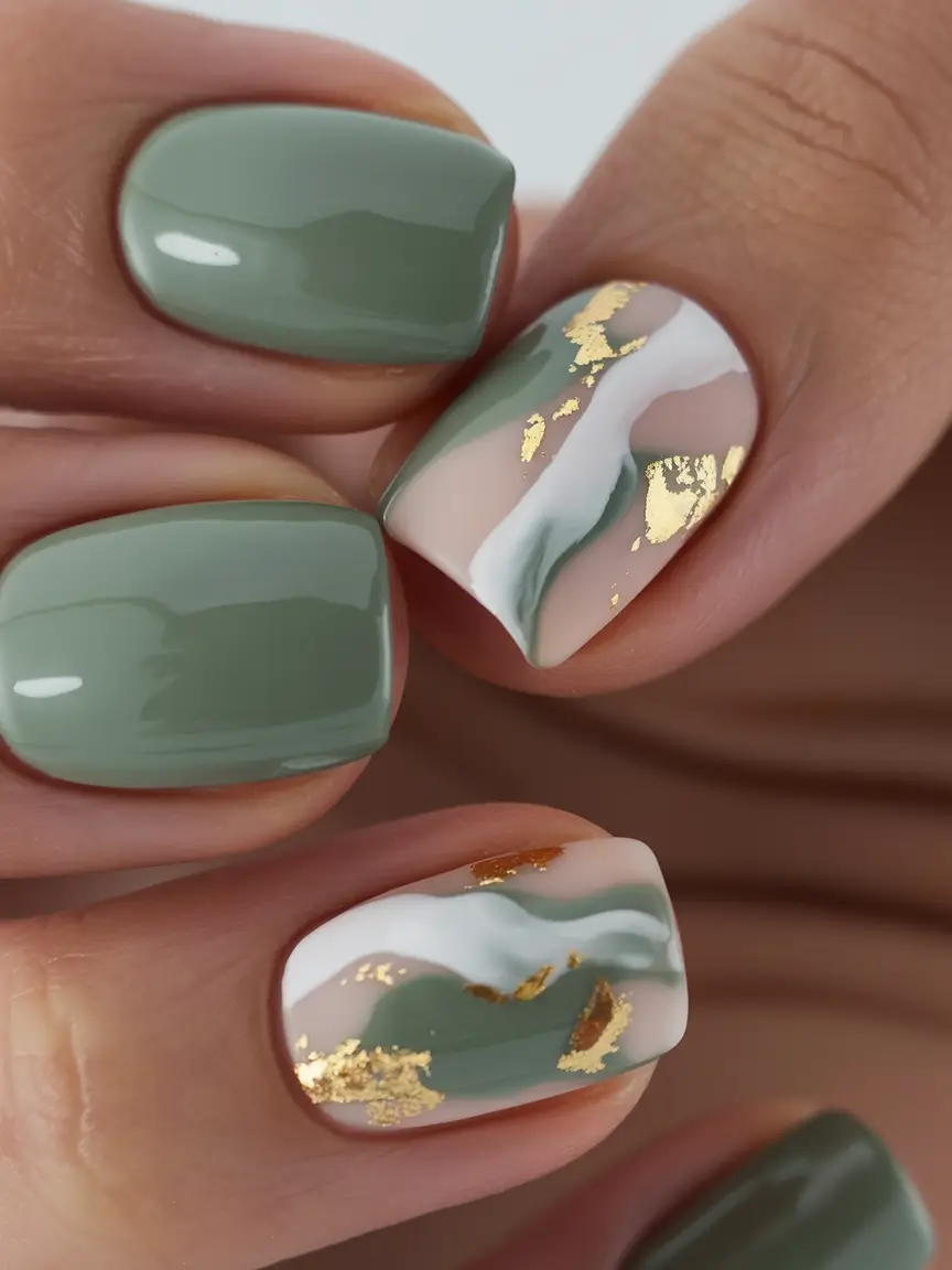 Olive green fall nails Olive Green Marble With Gold Foil
