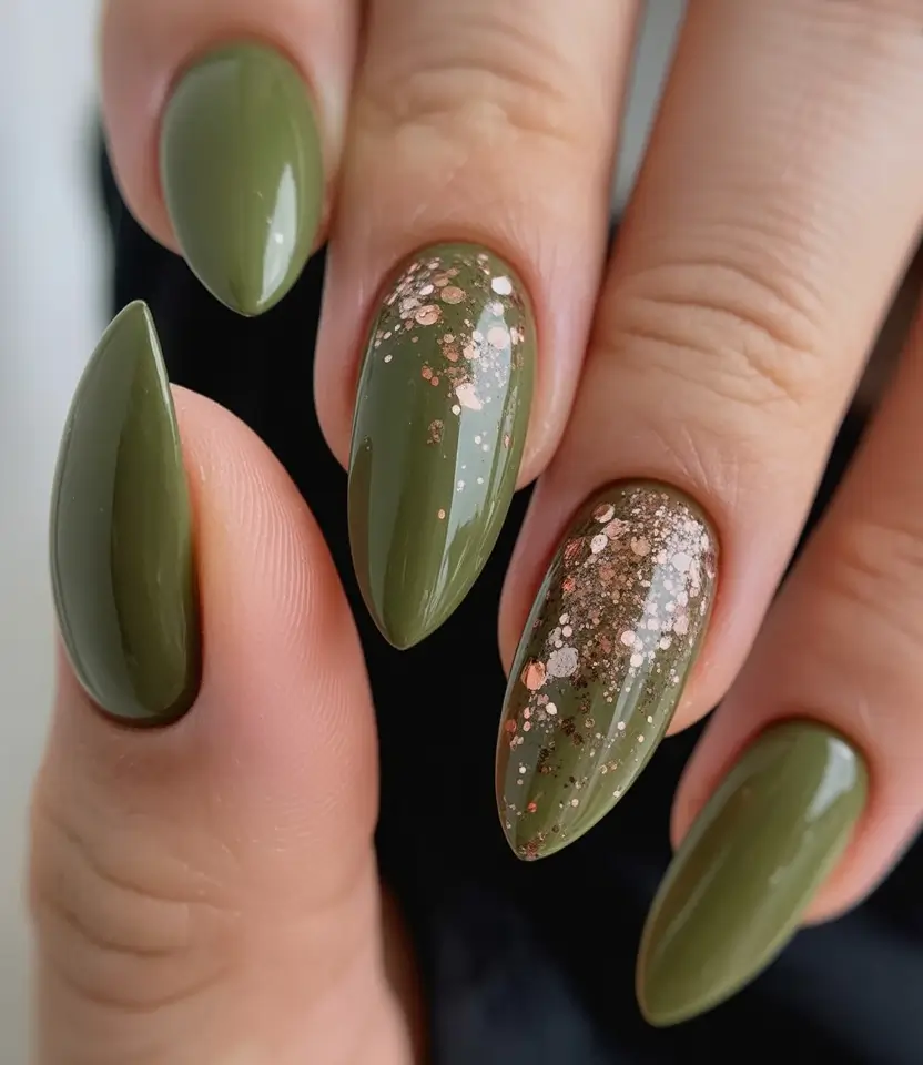 Olive green fall nails Olive Sparkle Almonds