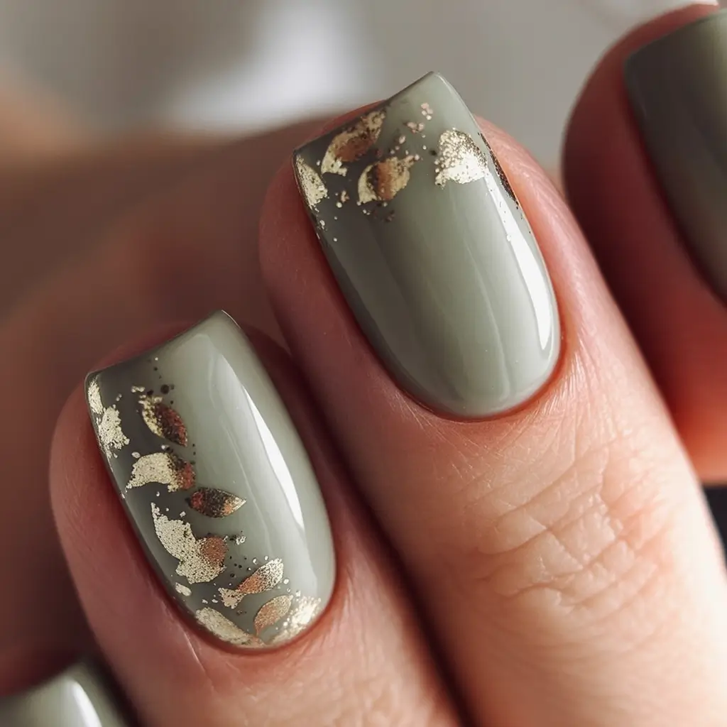 Olive green fall nails Soft Olive With Gold Leaf Touch