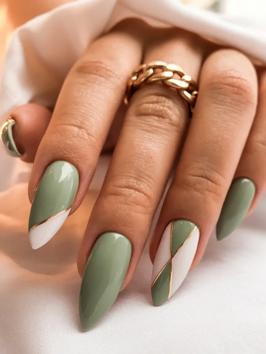 Olive green fall nails Olive and White Geometric Elegance
