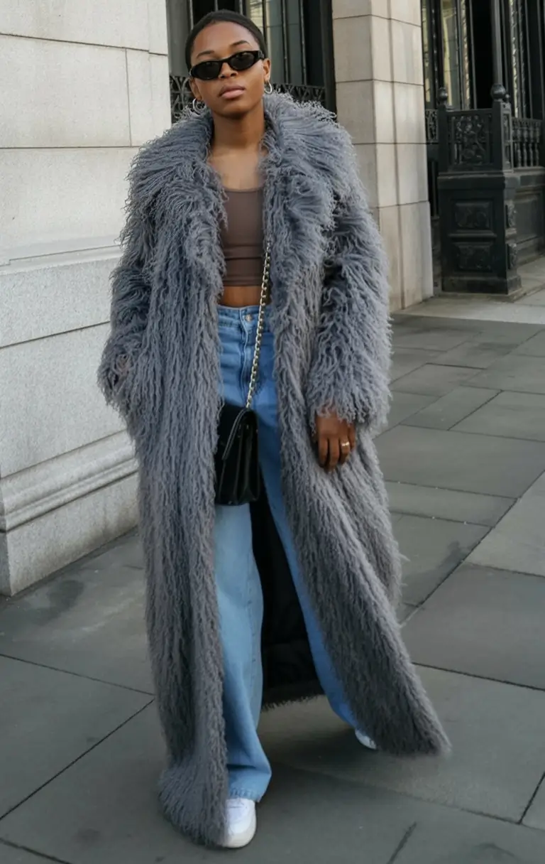 winter-outfits-blackgirl-Grunge-Grey-Shag-Coat