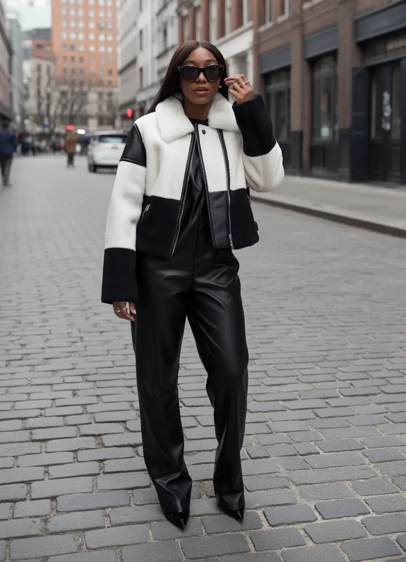 winter-outfits-blackgirl-Black-and-White-Shearling-Contrast