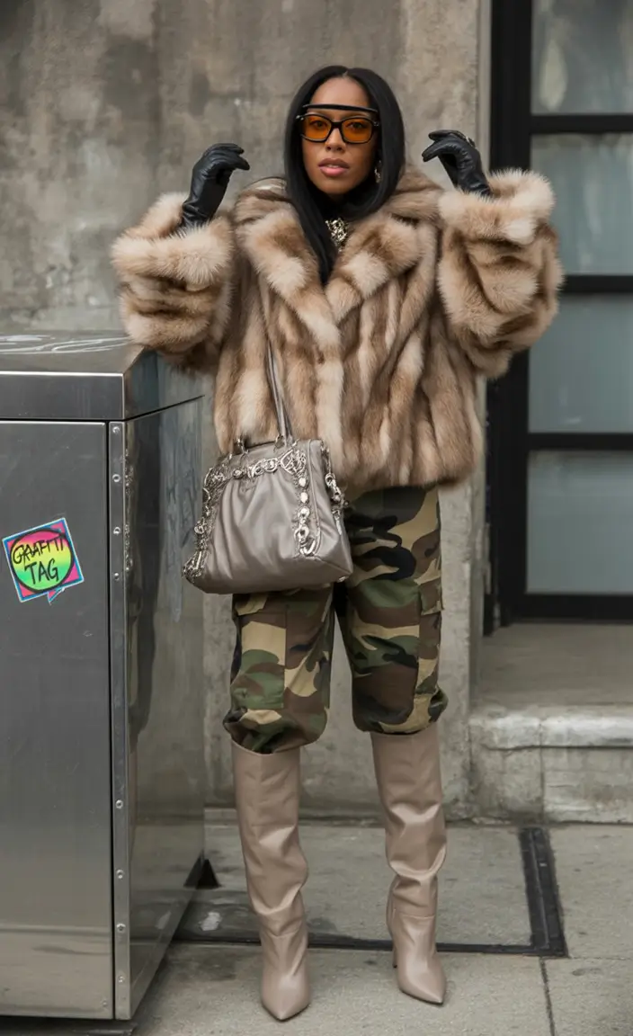 winter-outfits-blackgirl-Fur-and-Camo-Clash