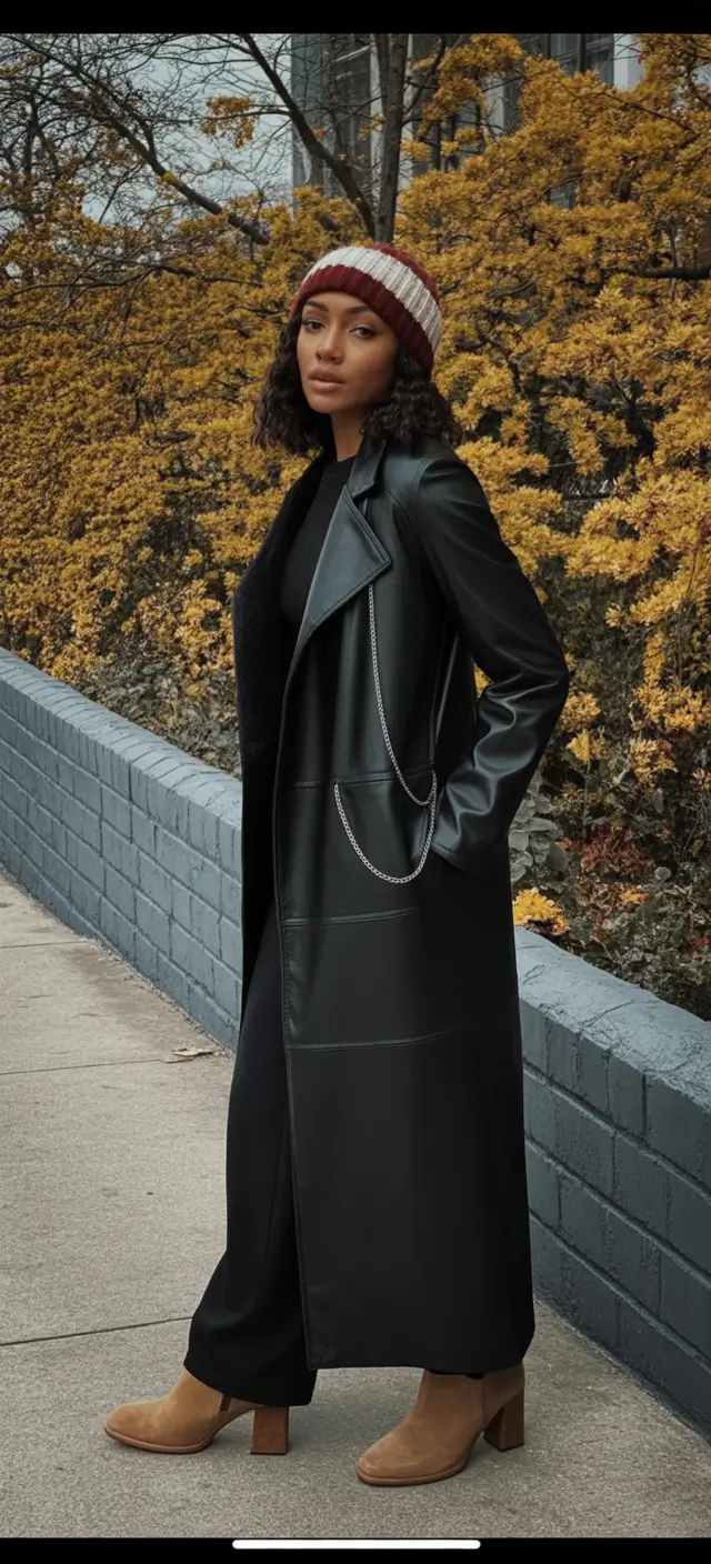 winter-outfits-blackgirl-Leather-Trench-with-Earthy-Tones