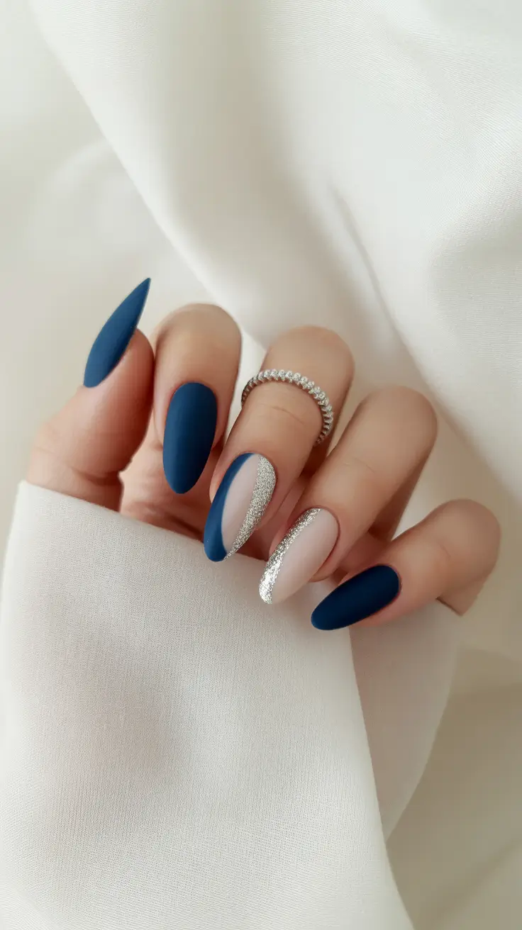 easy fall nails Midnight Blue & Silver Waves