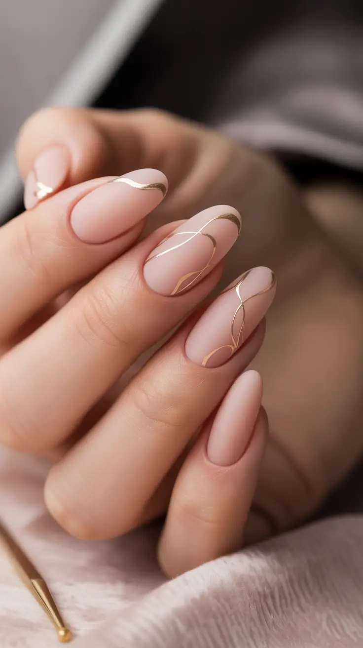 easy fall nails Golden Lines on Nude Almond