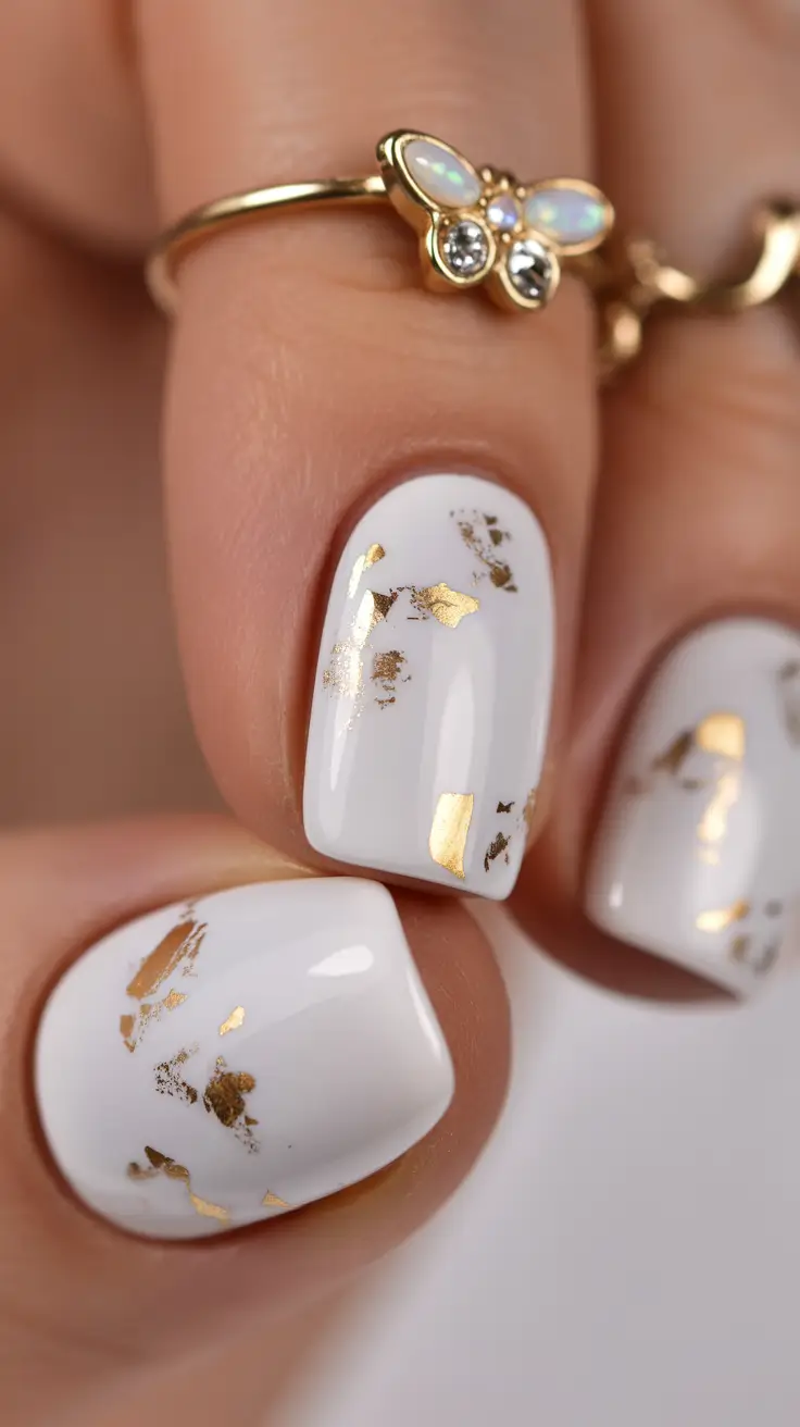 easy fall nails White Marble with Gold Leaf