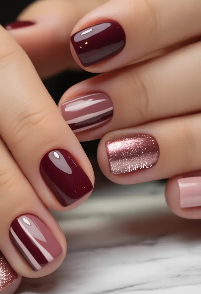 easy fall nails Burgundy & Rose Metallic Mix