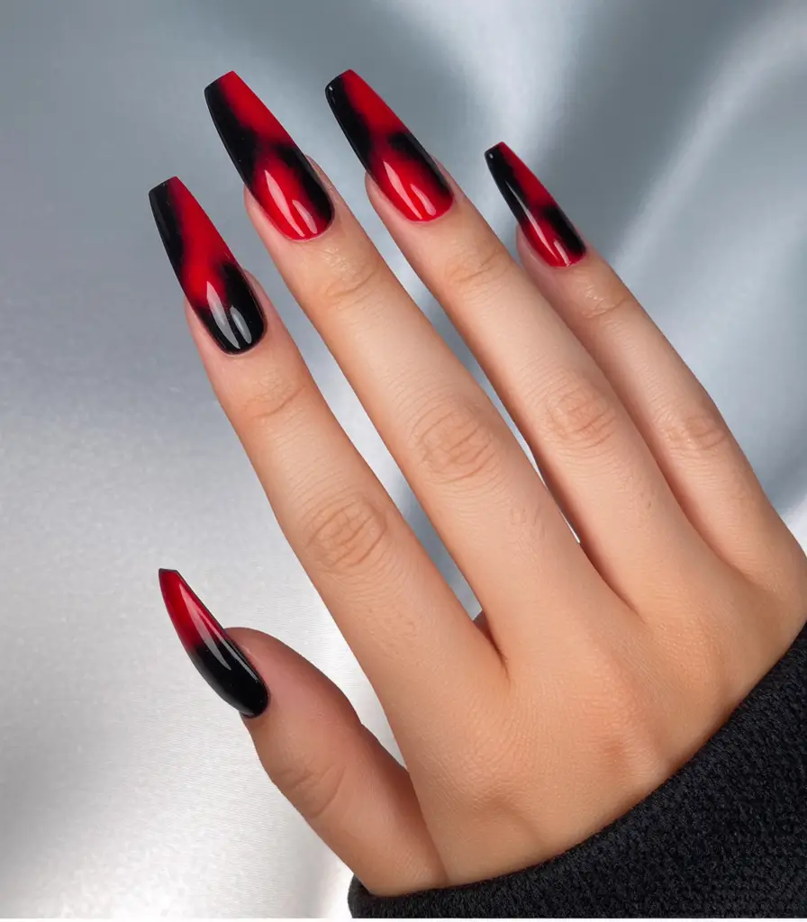Red fall nails Black and Red Flames