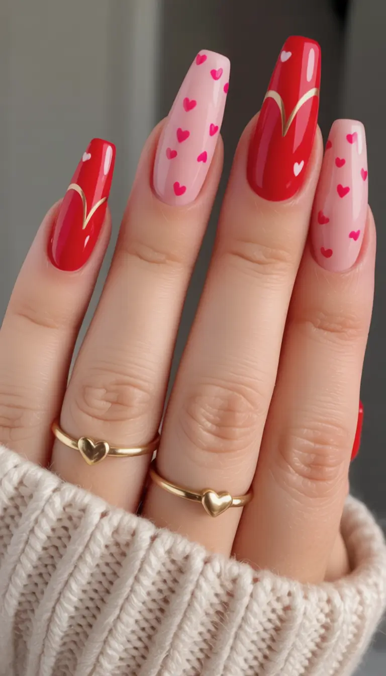 Red fall nails Hearts and Gold Touch