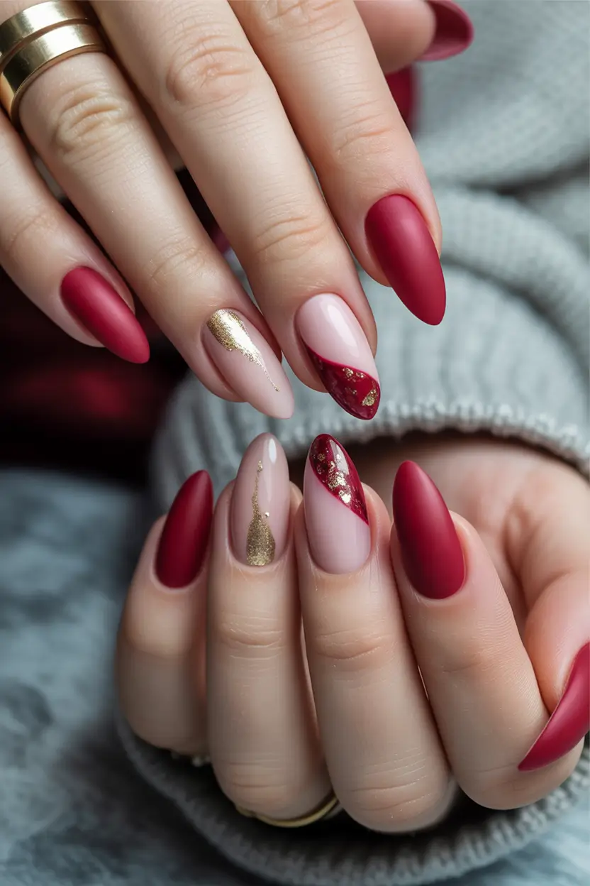 Red fall nails Matte Red with Golden Accents