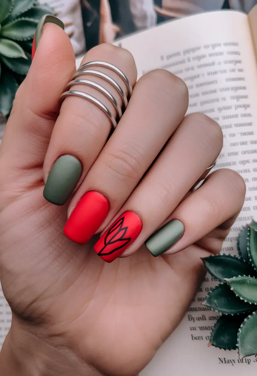 Red fall nails Olive and Red Contrast