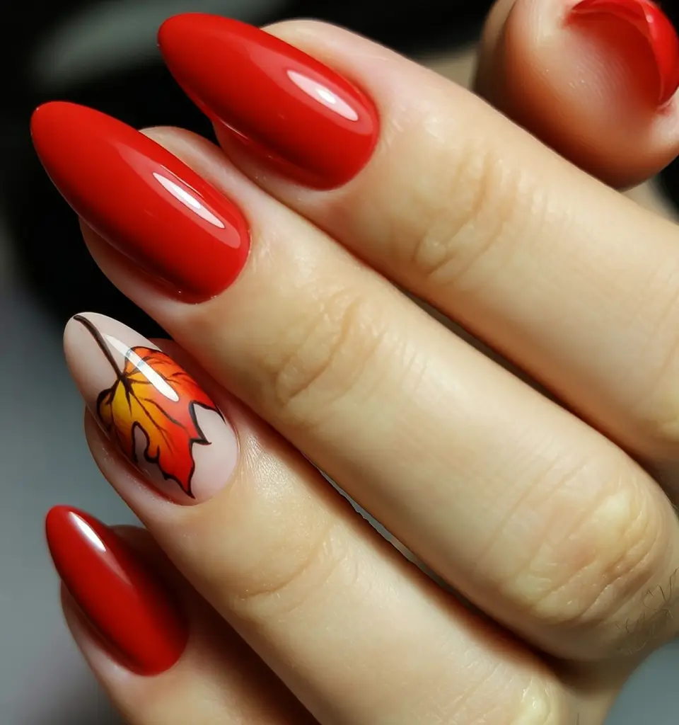 Red fall nails Autumn Leaf Accent