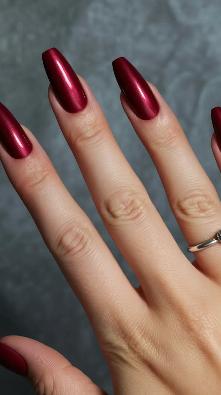 Red fall nails Burgundy Chrome Squares