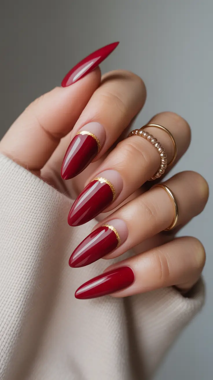 Red fall nails Golden French Almonds