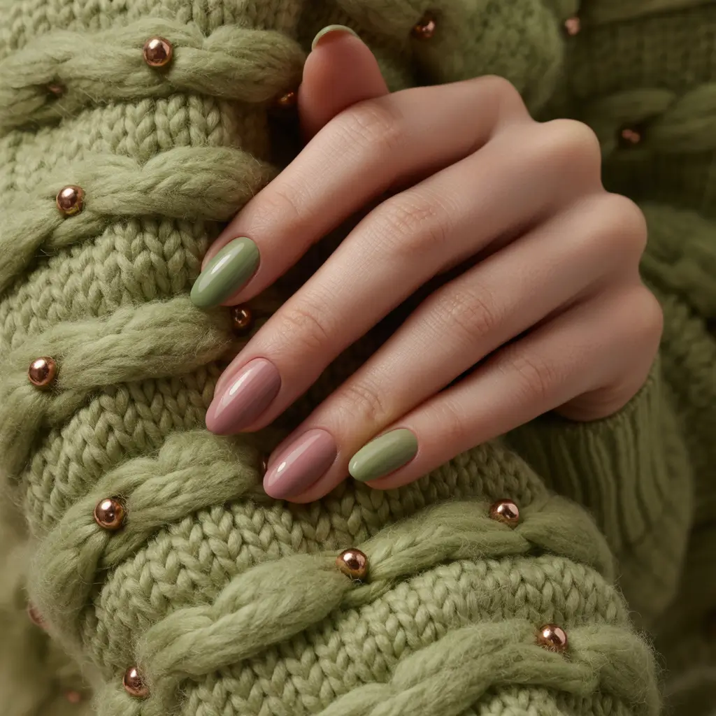 Round fall nails Muted Green and Mauve Duo