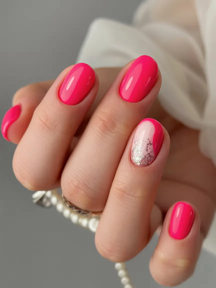 Round fall nails Hot Pink Pop with Glitter Accent