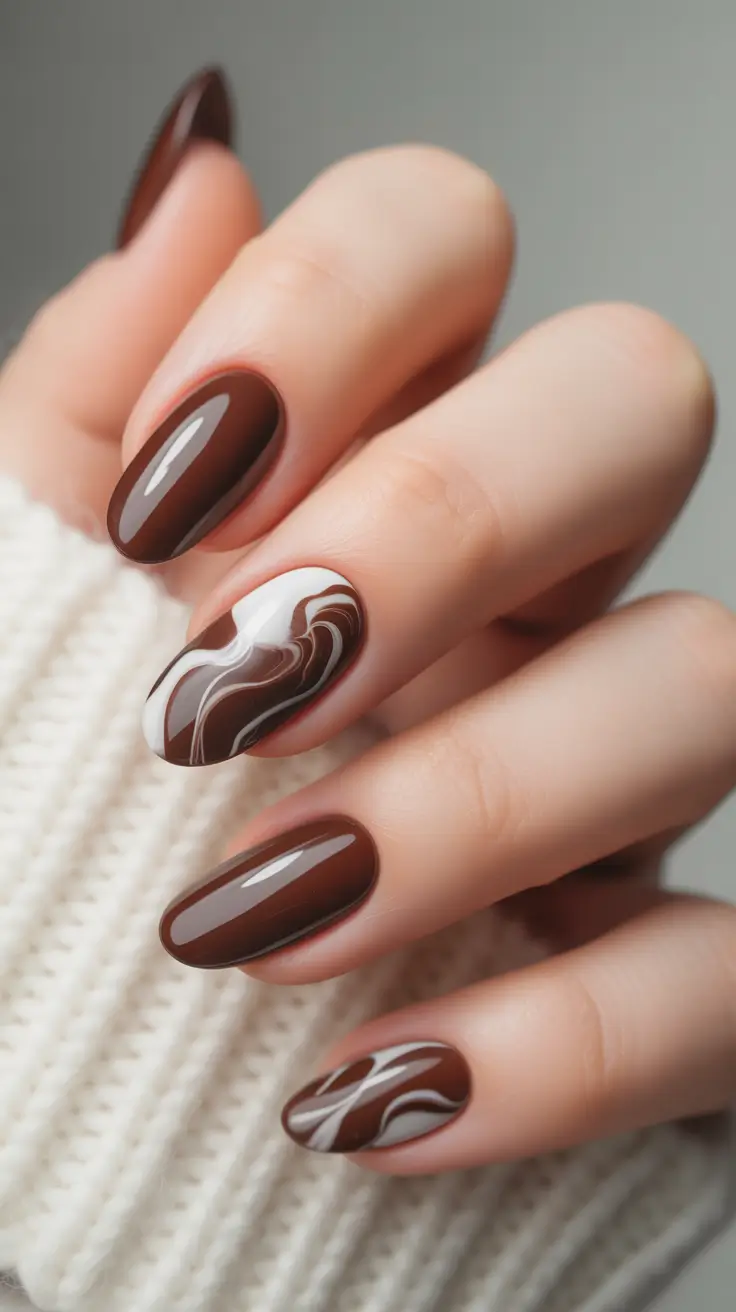 Round fall nails Mocha Marble Swirls