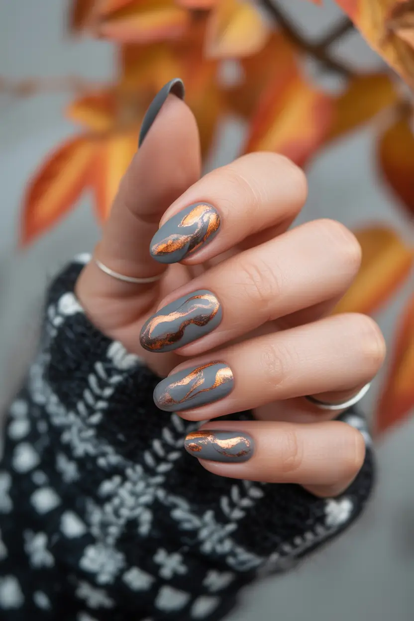 Round fall nails Smoky Charcoal with Copper Flow