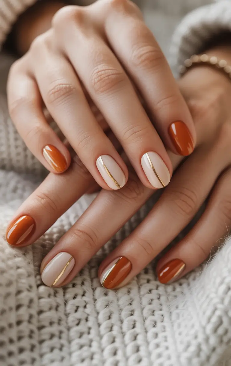 Rust and Gold Divide fall nail design