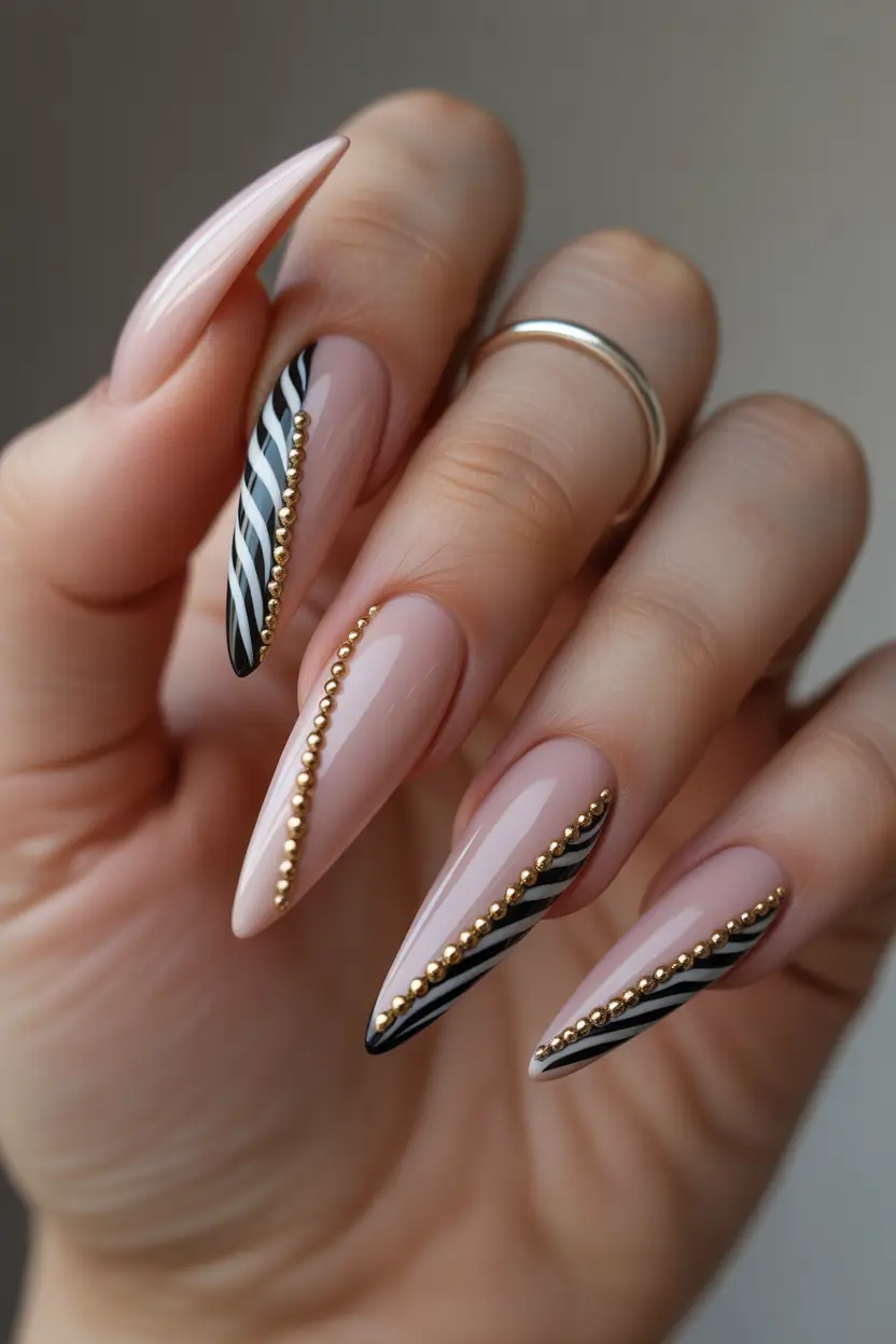 fall winter nails Striped Drama with Gold Beads