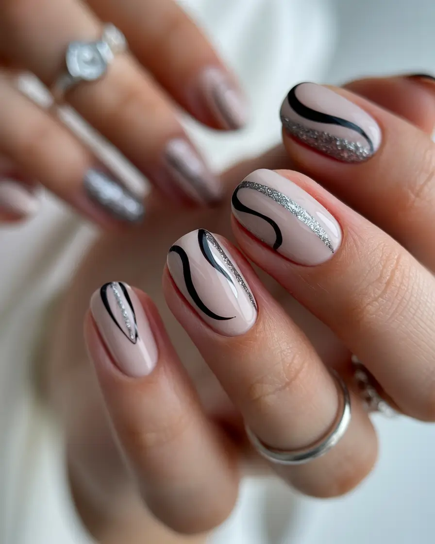 fall winter nails Silver and Black Wave Accents