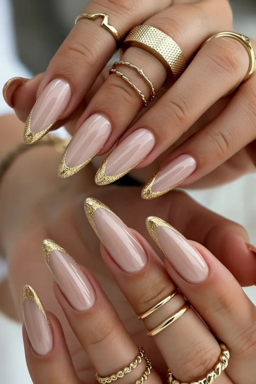fall winter nails Almond Elegance with Gilded Tips