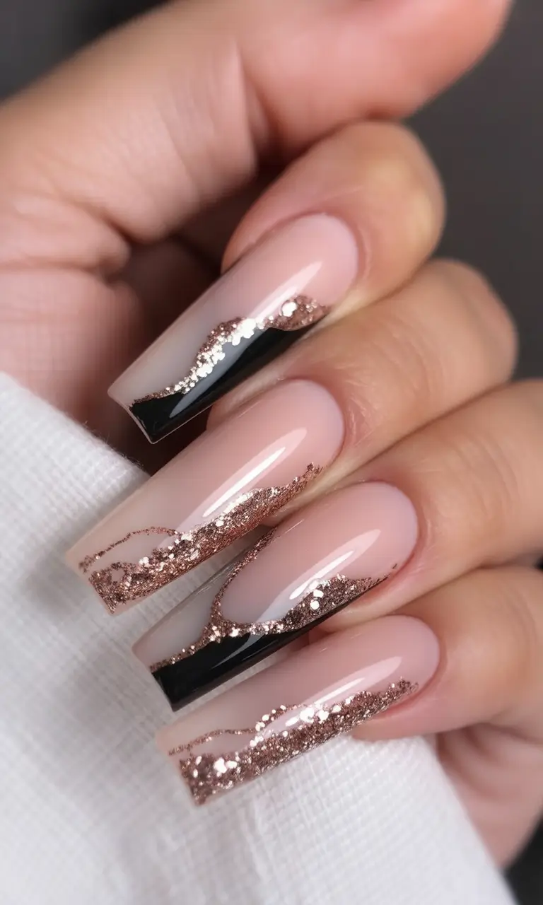 fall winter nails Rose Gold Glam with Black Contrast