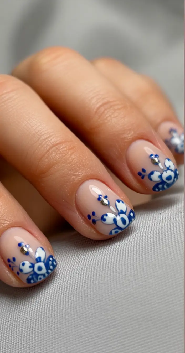 fall winter nails Blue Porcelain Blossoms