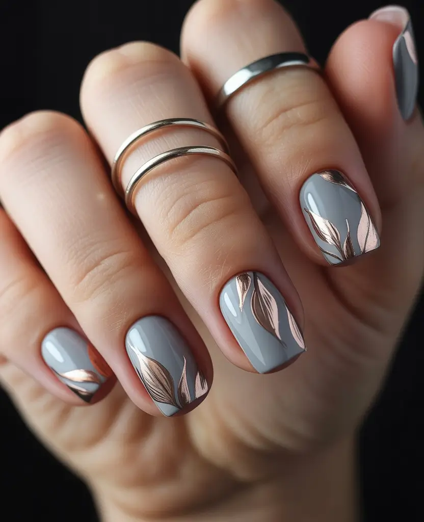 fall winter nails Muted Grey with Metallic Leaves