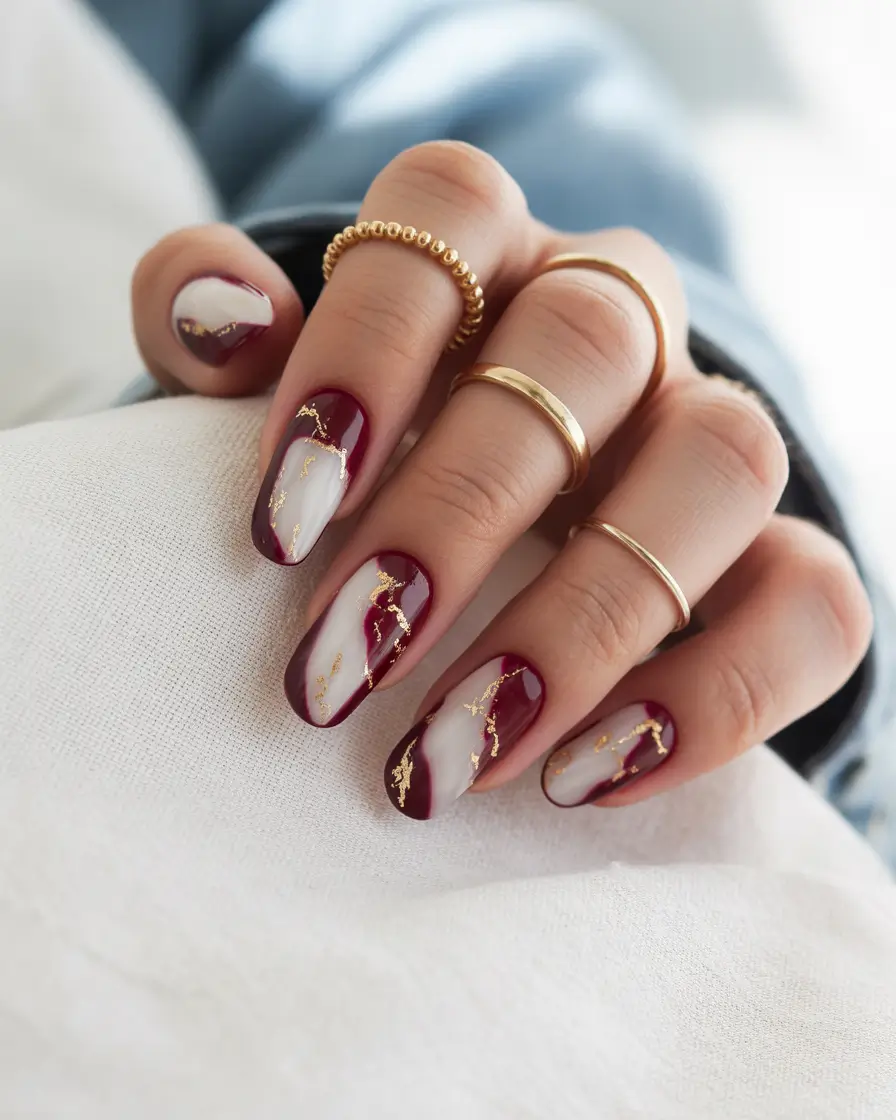 fall winter nails Merlot Marble with Gold Veins