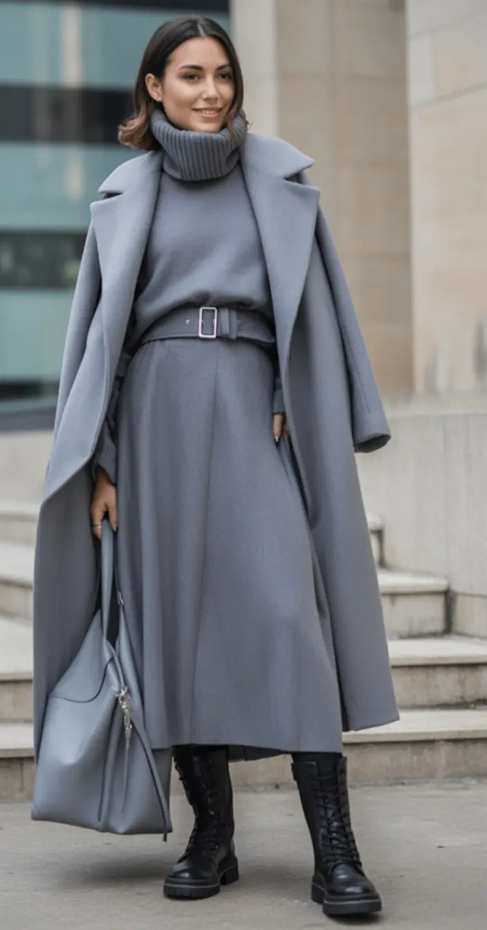 winter office outfits Cozy Gray Monochrome with Combat Boots