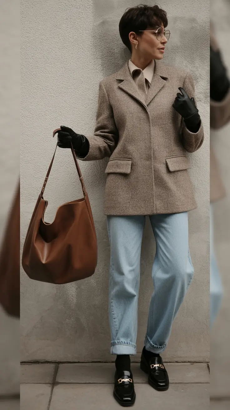 winter office outfits Brown Blazer with Jeans and Loafers