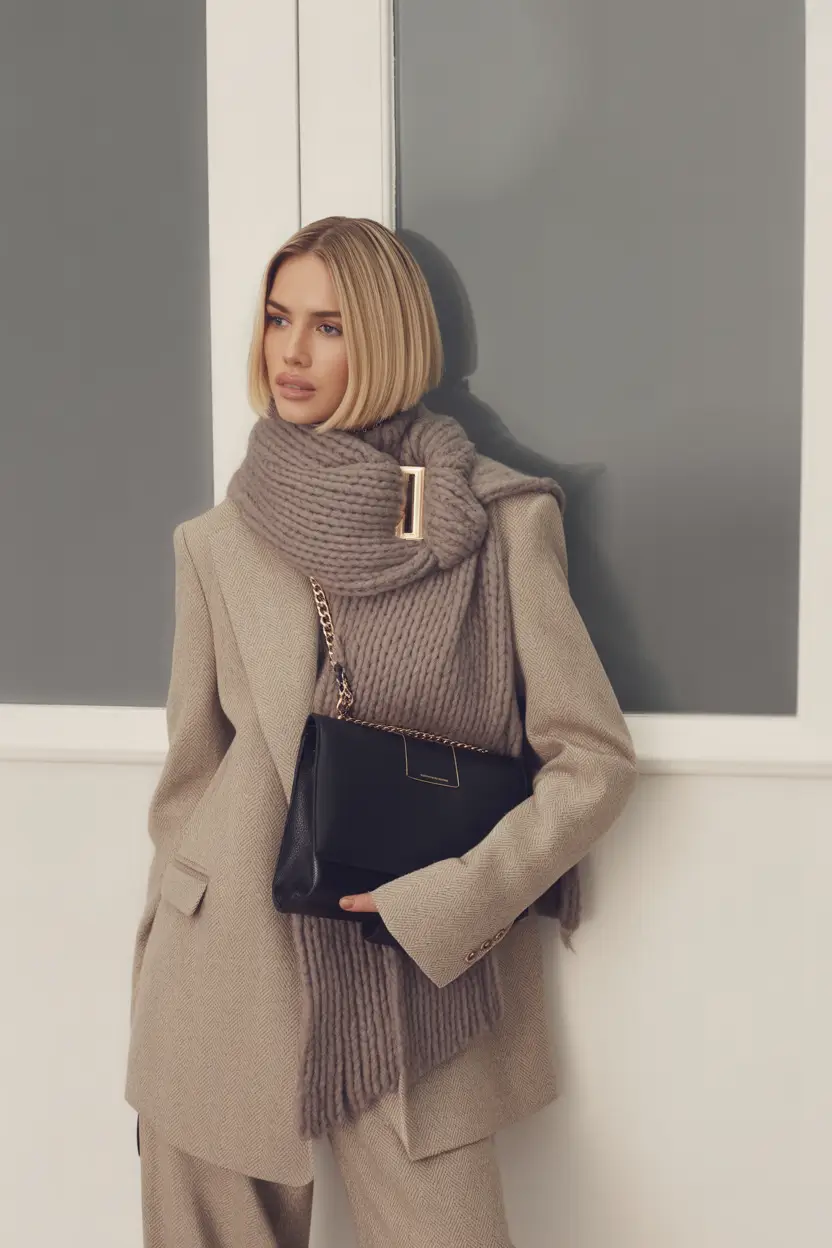 winter office outfits Beige Suit with Oversized Knit Scarf