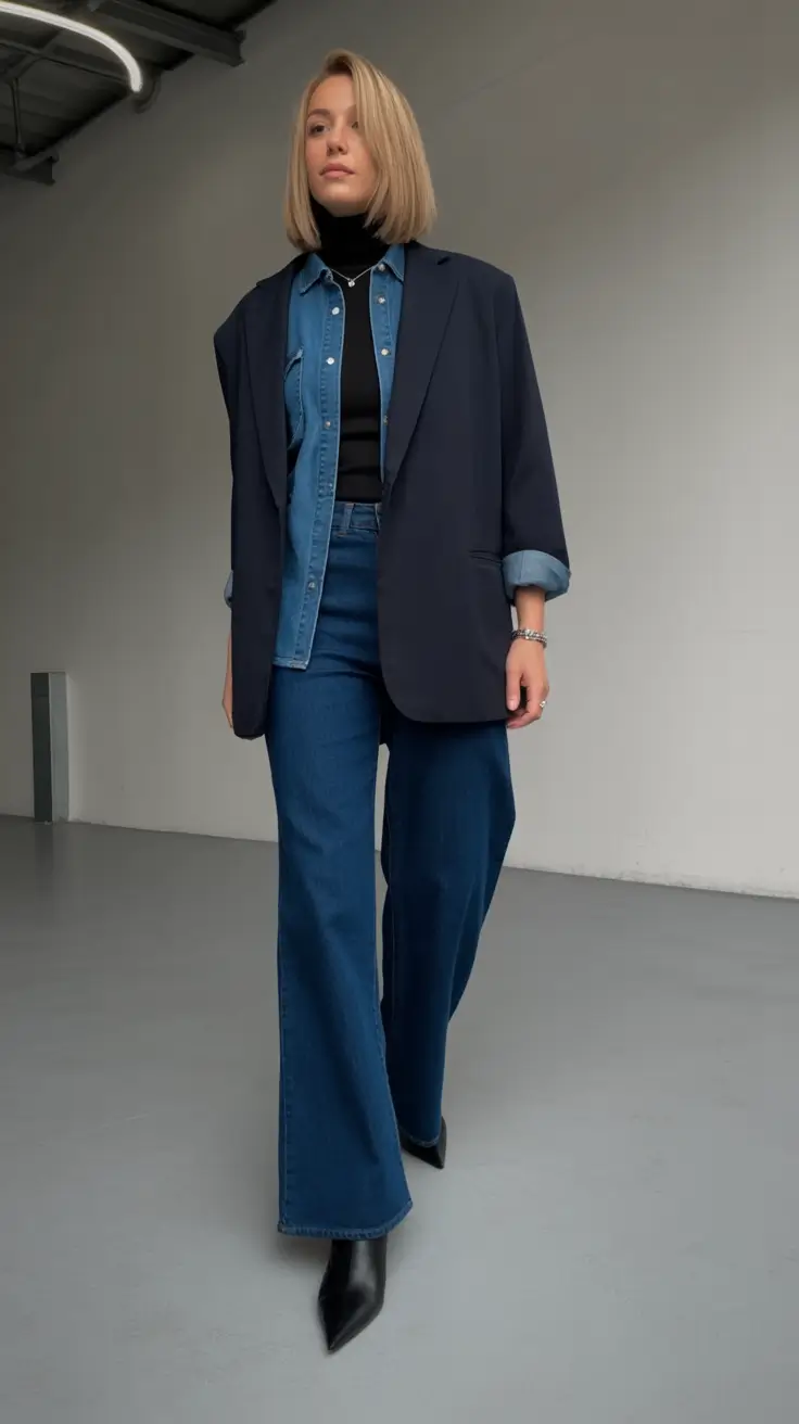 winter office outfits Denim-on-Denim Elevated for the Office