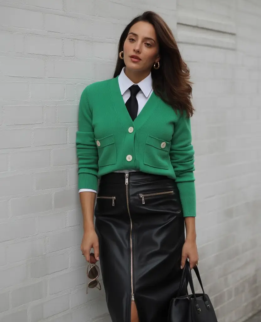 winter office outfits Unexpected Color Pop With Sleek Leather