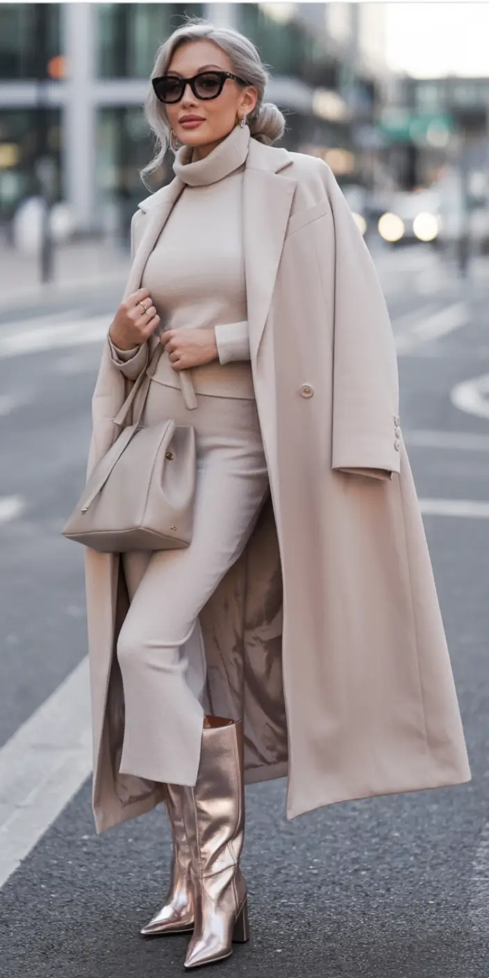 winter outfit inspo Monochrome Minimalism with a Metallic Twist