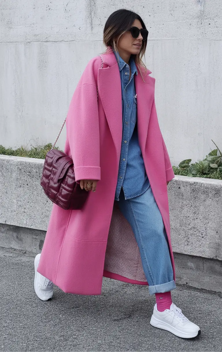 winter outfit inspo Bubblegum Coat Meets Denim Ease