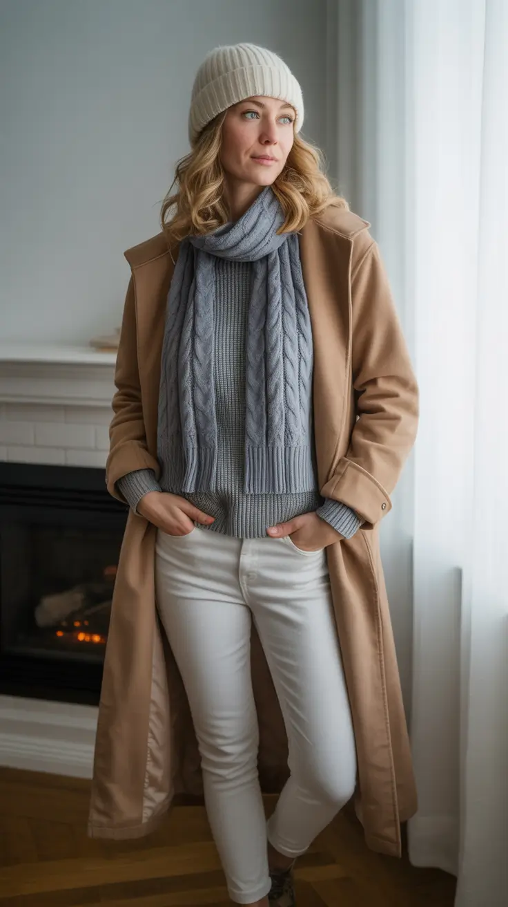 trendy winter outfits Warm Camel with Cool Gray