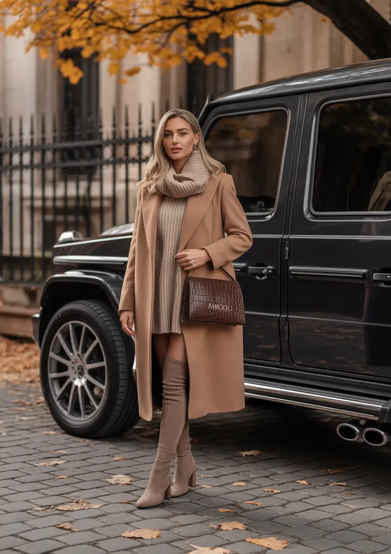trendy winter outfits Monochrome Camel Chic