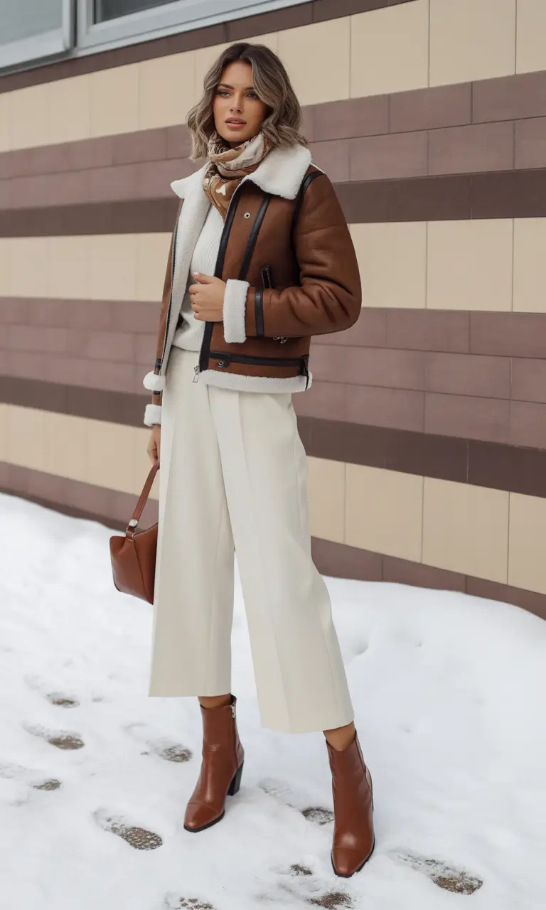 trendy winter outfits Shearling and Ivory Pairing