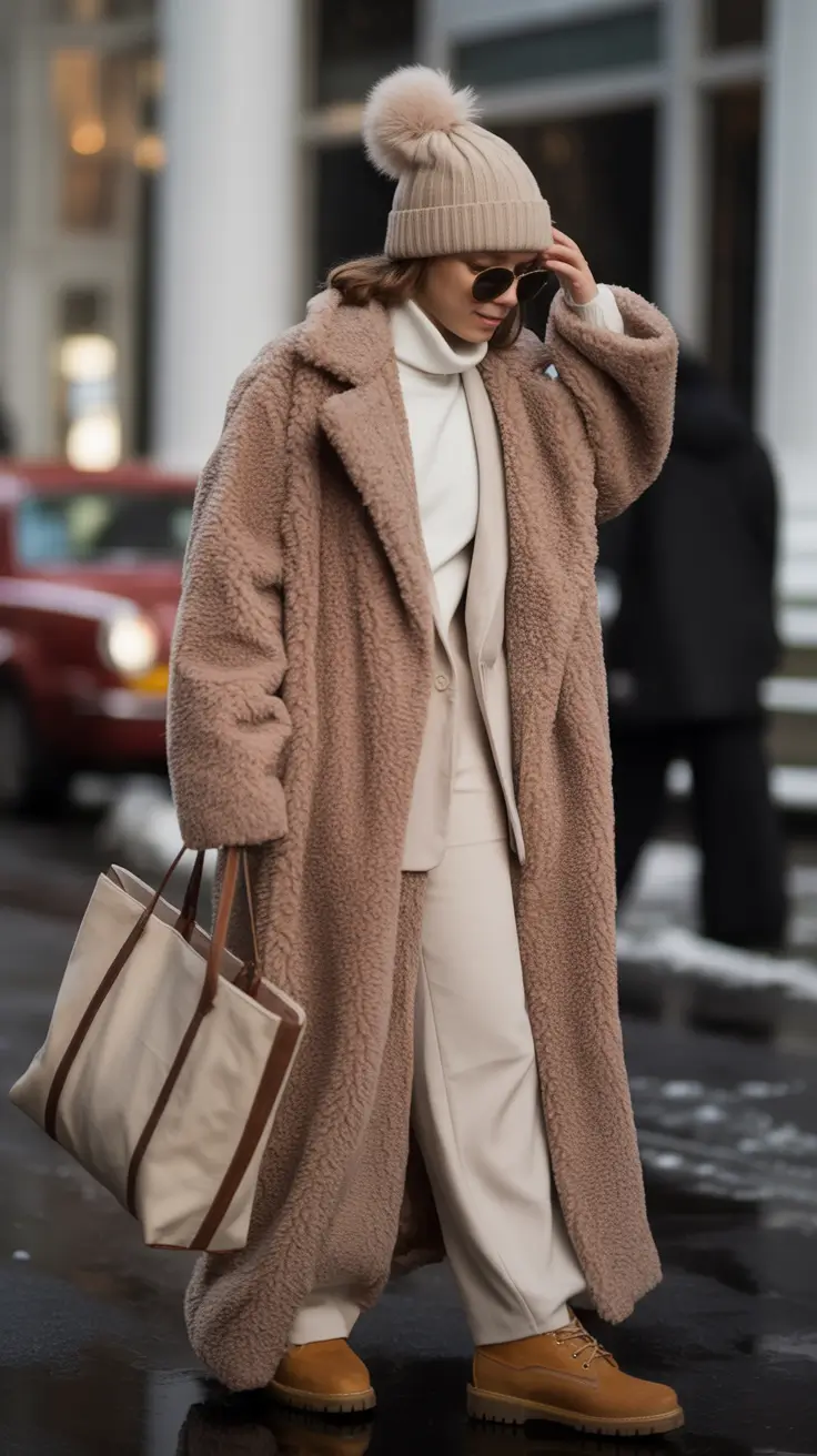 trendy winter outfits Teddy Coat Street Style