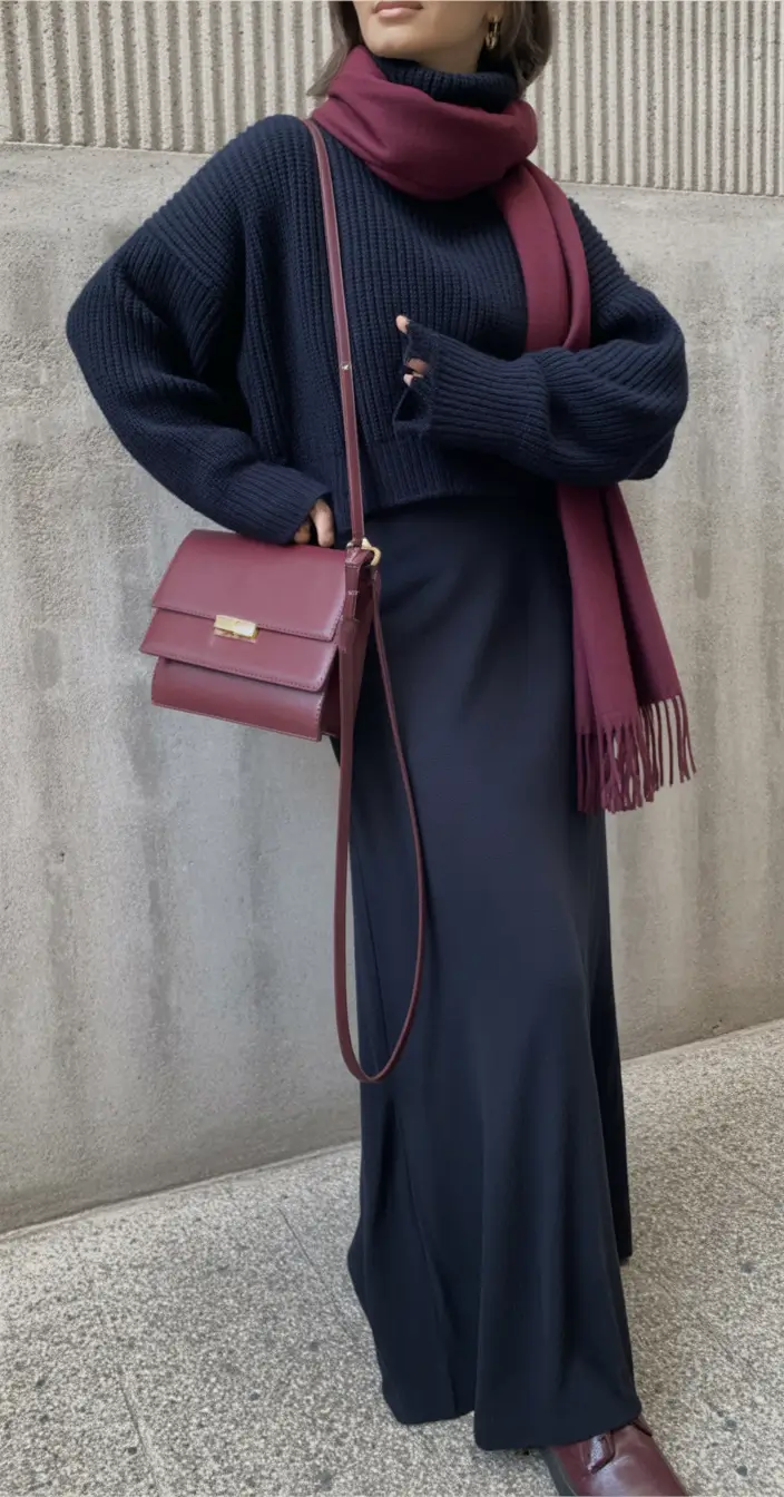 trendy winter outfits Bordeaux and Navy Elegance