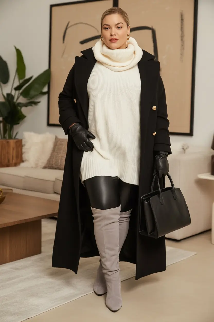 plus size winter outfits Monochrome Layers With a Luxe Twist